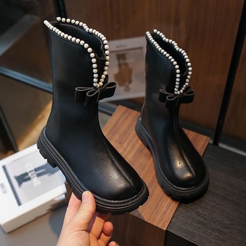 Winter Fall Lovely Boot for Girl Pearl Embellished Bow Outdoors Shoe PU Leather Waterproof Shoes 2025 Non-slip Boots4