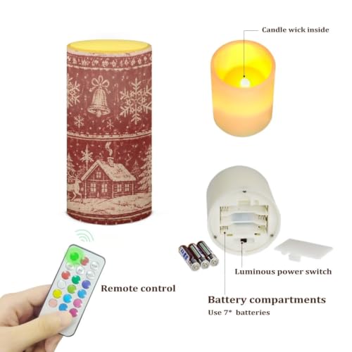 Image of Poceacles Christmas Decor Flickering Flameless LED Battery Candles Pillar Candles Tealight with 18-Key Timer Remote with Colorful Light, Christmas Landscape Print Red