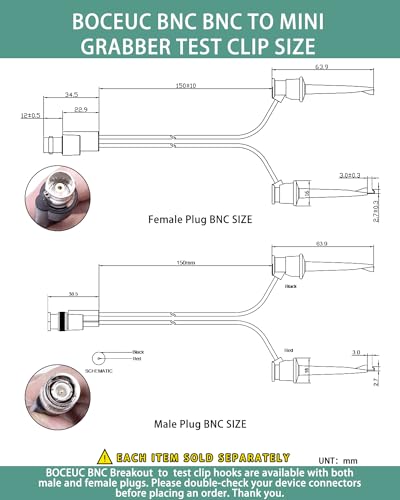 Image of BNC Test Leads, BNC(Male) to Mini Grabber Test Clip, Test Lead Breakout Cable for Multimeter, 5A Current Rating, 1 Pack