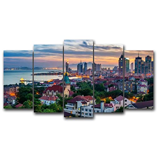 5 Panel Large Canvas Wall Art Decor Qingdao urban architecture