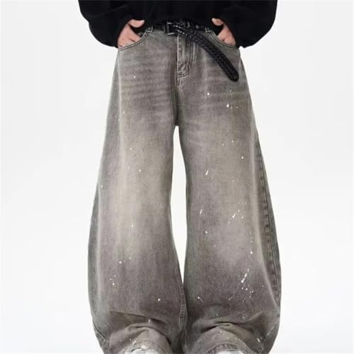 Retro Washed Jeans for Men Curved Cut Splash Ink Denim Pants Loose Fit American Street Style3