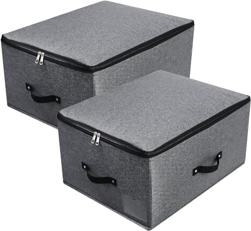 Foldable Lidded Storage Bin with Divider Board, 4 Handles, Zipper lid, Blankets Clothes Quilts Storage Box Organizer for Bedroom Closet Shelf, 52×40×26cm, Black Grey, 2PCS
