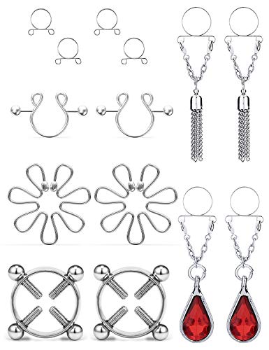 Kridzisw 5 Pairs Dangle Nipple Ring Non-Piercing Nipplerings for Women Fake Nipplerings Piercings Clip On Nipple Rings 316L Stainless Steel Faux Dangle Nipple Jewelry