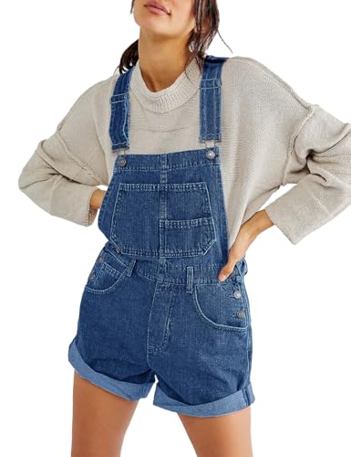 Vanchenl Damen Casual Denim Overall Shorts Lose Verstellbare Träger Latzhose Bib Jeans Shortalls Rompers Hosen Dunkelblau M