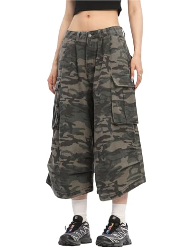 DAZZLZZAD Mens Camo Cargo Shorts Y2k Baggy Long Jorts Hip Hop Bermuda Jeans Short Camouflage Shorts for Women