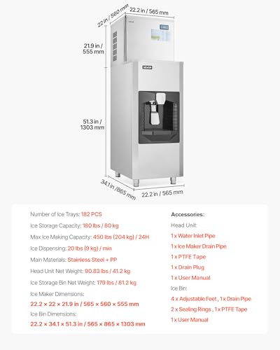 Image of VEVOR Commercial Ice Maker, 450 Lbs /Day Ice-Making Machine, 180 Lbs Large Storage Bin with 20 Lbs /Min Automatic Ice-Dispensing, Self-Cleaning Ice Machine with Touchscreen for Bar, Cafe, Restaurant