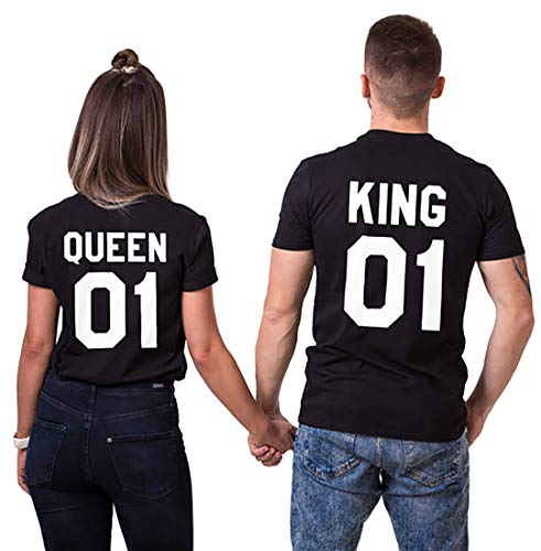 Double Fashion T-Shirt King Queen Pair Set 2 Matching Couple Valentine Birthday Wedding (Black+Black, King-M+Queen-S)