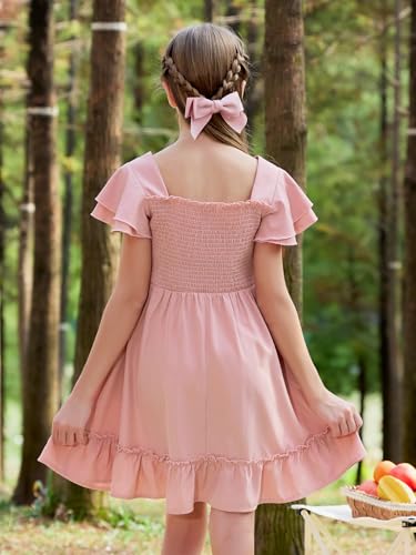 GORLYA Girls Square Neck Elegant Flowy Sleeve Shirred Bodice Ruffle Hem Babydoll A-Line Dress 6-14Y2