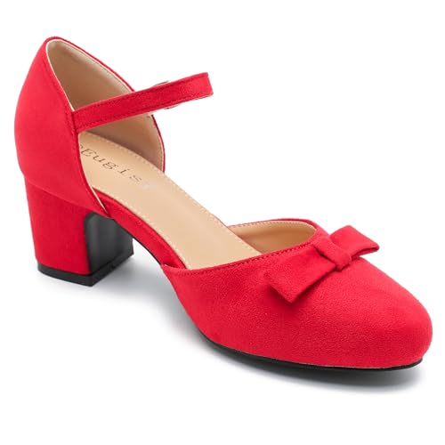 Women's Chunky Heels Pumps Bow Closed Toe Ankle Strap Pumps Low Block Heel Elegant Wedding Party Dress Shoes3