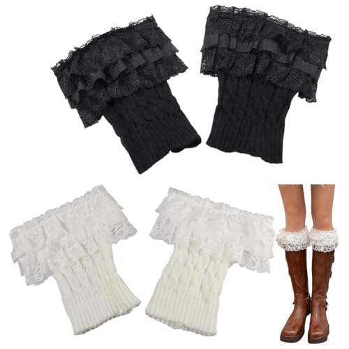 2 Paris Black White Ruffle Lace Boot Cuff Socks Summer Winter Fashion Decorative Stretch Crochet Laced Trim Leg Warmers Toppers Short Knitted Cuffs Calf Socks Bulk for Women Gift Accessories