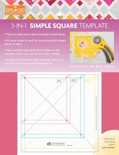 Fast2Cut 3-In-1 Simple Square Template: Easily Cut 3 1⁄2 ", 4 1⁄2 " & 5 1⁄2 " Squares