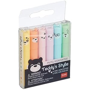 Legami – Teddy’s stijl, set met 6 mini-markeerstiften, 1 x 7,5 cm, geel, perzik, roze, paars, lichtblauw, lichtgroen…
