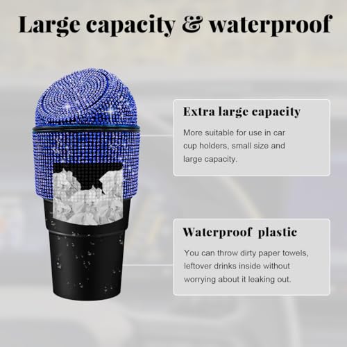 Image of Yourkar Bling Car Trash Can with Lid, Sparkling Crystal Auto Garbage Can with Leak-Proof Lid, Multipurpose Waterproof Trash Bin for Automotive Home Office Kitchen Bedroom (Blue)
