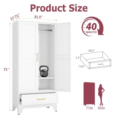 Image of GAIOUS Metal Armoire Wardrobe Closet Cabinet with 2 Doors and Drawer, 71 inch