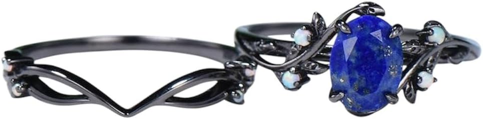 Elegant Oval Shape Lapis Lazuli Natural Gemstone Ring, Unique 2pcs Bridal 925 Sterling Silver Ring