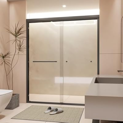 ItWorths 56-60" W x 70" H Double Sliding Shower Door, Safety Waterproof Glass Shower Door with 1/4" (6mm) Thick SGCC Tempered Glass, Stable and Quiet with Expiosion-Proof Film, Matte Black Frame