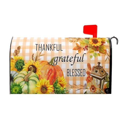 Image of Fall Thanksgiving Pumpkin Magnetic Standard Size 21 inchx18 inch Sunflower Mailbox Cover - Thankful Grateful Blessed Farmhouse Autumn Post Letter Box Cover for Home