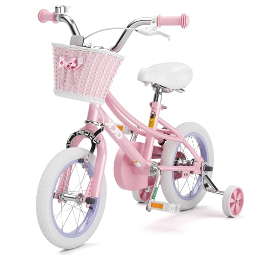 XJD Girls Bike for 3-12 Years Old Girls 12 14 16 20 Inch Kids Bike with Training Wheels Adjustable Seat Height Coaster Brake Streamers Basket (12 Inch with Training Wheels Pink)