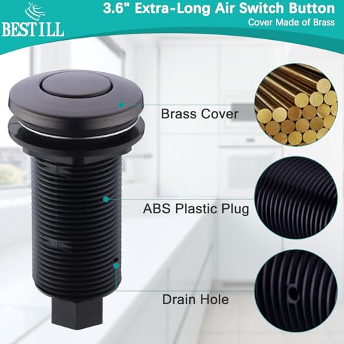 BESTILL Garbage Disposal Air Switch Kit, UL Listed, Sink Top On/Off Switch for Waste Disposer, 3.6" Long Push Button with Brass Cover, Matte Gray/Gun Metal Grey