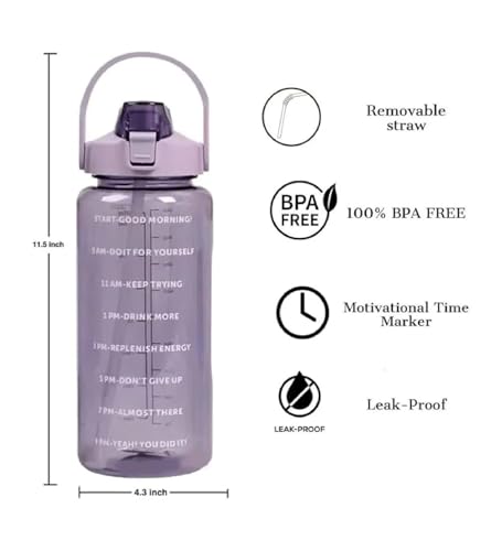 Image of 4Mura 2 L Capacity Belt Straw Transparent Motivational Water Bottles|Time Marker Leak Proof&Break-Proof|Best Usage For Office /School /Gym /Travel Bottle|Bpa-Free Fitness Sports Bottle (PURPLE)