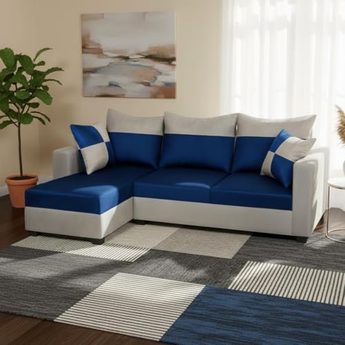 Image of Furny Arevva 4 Seater Fabric LHS L Shape Sofa Set (Light Grey-Blue)