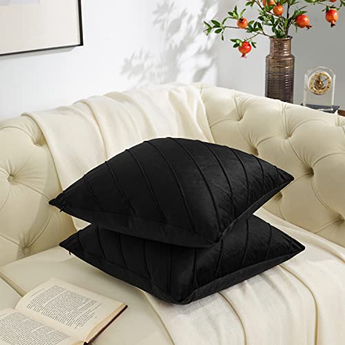 Image of GIGIZAZA Decorative Velvet Pillow Covers 16x16, Set of 2 Black Sofa Couch Throw Pillows Covers Cases, Living Room Square Cushion Accent Stripe Covers