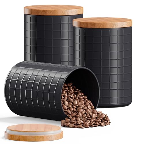 Barnyard Designs Canister Sets for Kitchen Counter, Flour Coffee Tea Sugar Container Set with Bamboo Lids, Vintage Farmhouse Decor Kitchen Canisters, Metal/Bamboo, Set of 3 (Black)
