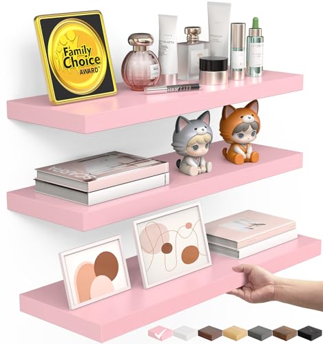 BAYKA Pink Floating Shelves for Wall Set of 3 15.7in Wood Wall Shelves for Bathroom Bedroom Living Room Decor Organize Hanging Shelf for Books/Storage/Display with 22lbs Capacity