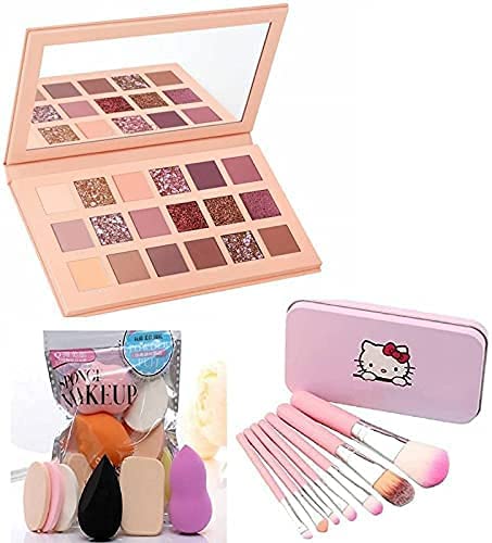 AHDAM Nude Eye Shadow Palette 18 Shade in 1 Kit 7 Pc Makeup Brush & Family Pack Sponges blender combo (3 Items in the set), Shimmery & Matte Finish-image-44