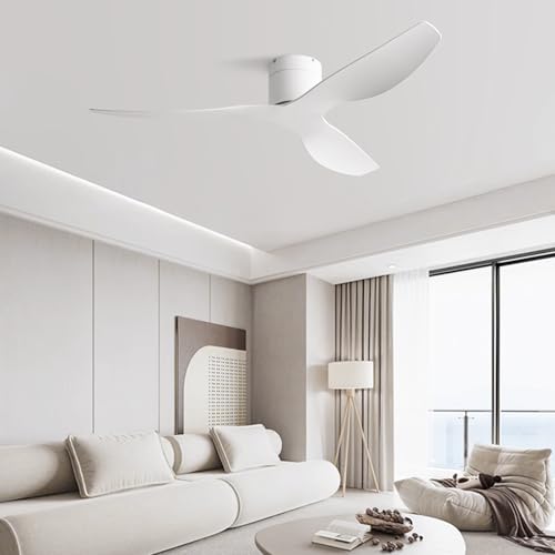BUENION 52-Inch White Ceiling Fan Without Light, Modern Low-Profile Flush Mount Fan with Remote, 6-Speed Reversible Quiet DC Motor,for Balcony, Living Room, Bedroom (No Light)