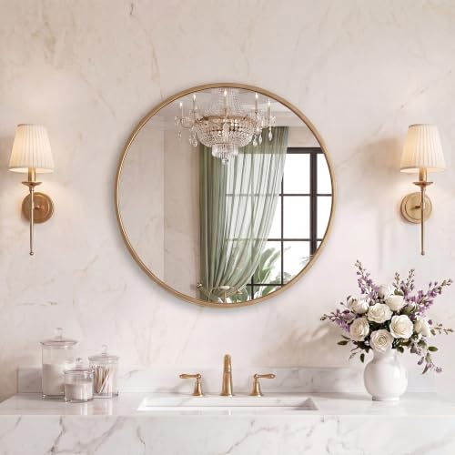Image of Sweetcrispy 20 Inch Round Wall Mirror, Bathroom Mirrors for Over Sink, Matte Metal Framed Circle Vanity Mirror, Wall Decor for Bedroom, Entryway, Anti-Rust, Tempered Glass, Hanging or Leaning, Gold