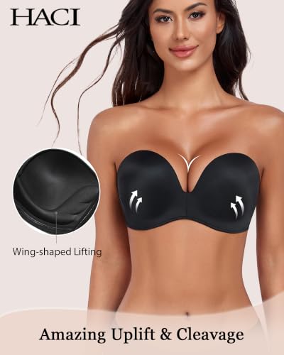 Image of HACI Push Up Strapless Bra for Women Anti-Slip Padded Wireless Stay Put