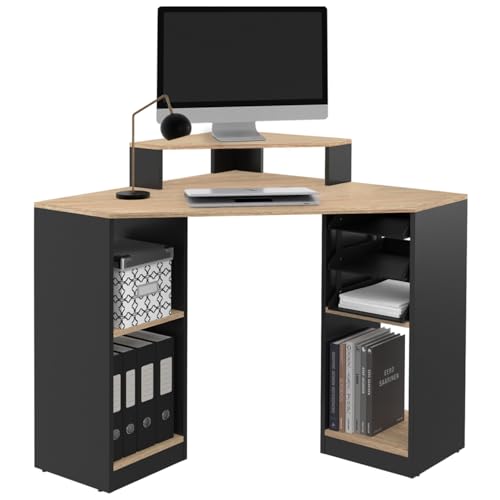IDMarket - Bureau d'angle Harry Noir et façon hêtre Gain de Place Bureau Informatique avec rangements