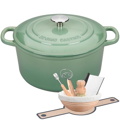EDGING CASTING Enameled Cast Iron Dutch Oven with Sourdough Bread Baking Kit, Bread Dutch Oven with Lid, Includes Proofing Basket & Baking Tools, 5qt, Sage Green