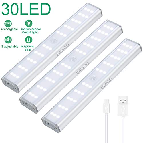 LED Unterbauleuchte Bawoo 3er LED Schrankbeleuchtung Schrankleuchte Magnetisch mit Bewegungsmelder USB Wiederaufladbare LED Schranklicht Kleiderschrank Nachtlicht
