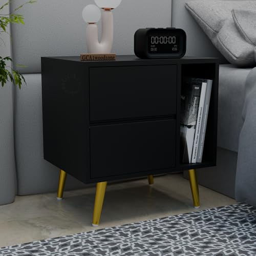 Image of Wooden Bedside Table for Bedroom | Modern Bed Side Nightstand with 2 Drawers & Shelf Storage | Lamp Table for Living Room, Home & Hotels | HDMR Wood with Iron Legs, Black (Set of 2)