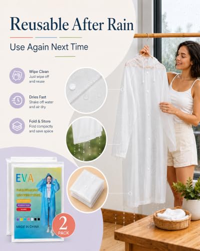 Image of Rain Ponchos for Adults Reusable (2 Pack), Waterproof EVA Raincoats with Hood & Drawstring for Women & Men