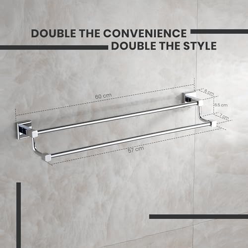 Image of iBELL Stainless Steel Towel Rod 57 cm | Wall-Mounted Double Rail Napkin Holder | Multipurpose Hanger Storage Stand | Bathroom & Kitchen Accessories | Corrosion and Scratch Resistant Towel Rack