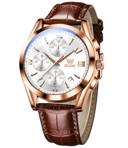 Image of OLEVS Watches for Men Original Analog Quartz Stylish Brown Leather Luxury Business Chronograph Waterproof Date Mens Wrist Watch