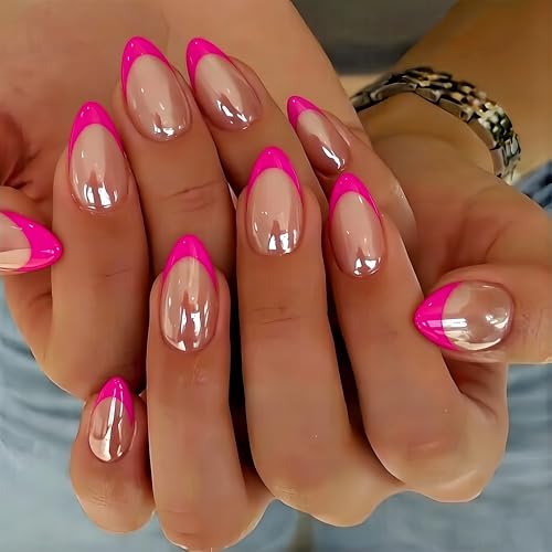 KQueenest Chrome French Tip Press On Nails Short Almond 30 Pcs Glazed Hot Pink Fake Nails Press ons With Mirror Effect Reusable Long-Lasting Bling Glue on Nails with Glue for Women Manicure
