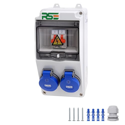 RSE Distribuidor de flujo de construcción, divisor de pared, totalmente cableado, 230 V, con enchufe con contador, IP65, 1. 2 x 230V con LS