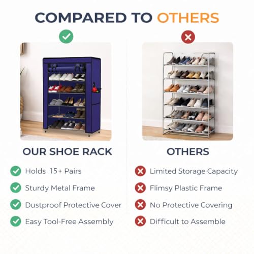 Image of Metal Shoe Stand with Cover, 5 Tier Shoe Organizer for Home & Office - Blue