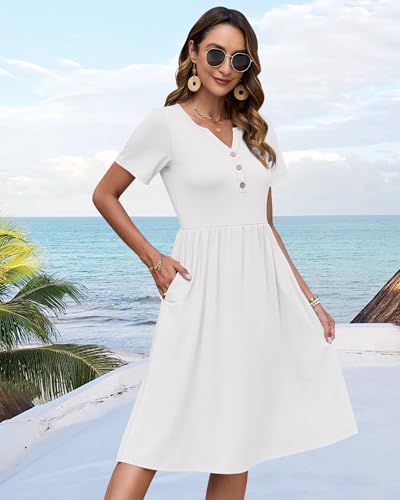 Image of WNEEDU Women V Neck Button Down Empire Waist Midi Summer Dress with Pockets