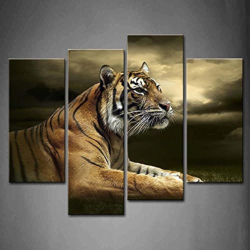 Recopilación de Impresiones sobre lonas disponible en línea para comprar. 42 Primera Wall Art – 4 pared arte tigre Looking y sentado bajo Dramatic Cielo con Nubes Pintura fotos impresión sobre lona Animal el Panorama para casa moderna decoración pieza...