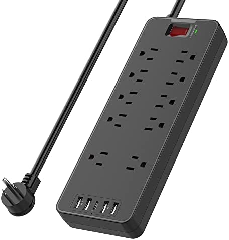 Power Strip with Switch, HITRENDS Surge Protector with 10 Outlets, 4 USB Ports & 1 USB-C Port, 1875W/15A, Flat Plug, Spaced Outlets with 6 Feet Extension Cord for Home Office, ETL Listed, Black