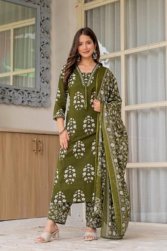 Image of PARTHVI Women's Pure Cotton Printed Straight Kurta Set with Palazzo Pants & Dupatta- Ethnic Wear, Green