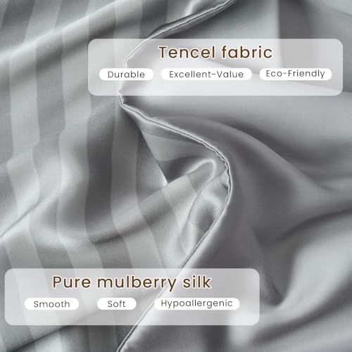 Image of THXSILK Set of 2 Mulberry Silk Pillowcase for Hair and Skin, Cooling Bed Pillow Cover with Hidden Zipper, Soft Smooth Print Silk Pillowcase Gifts for Women Men (Standard 20 inchx26 inch, Grey Stripes)