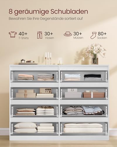 VASAGLE Kommode mit 8 Schubladen, Kommodenschrank, Schubladenschrank, Wäschekommode, für Schlafzimmer, 40 x 119,4 x 97,5 cm, Modern Kailyn Kollektion, schneeweiß LTS618WE01