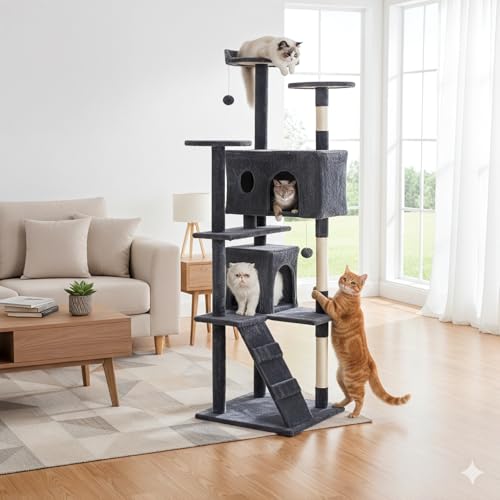 Image of Sweetcrispy 80 Inch Cat Tree Tower, Multi-Level with Cat Scratching Post, Indoor Cat Condo with Climbing Ladder, Plush Toy, Play House for Cat, Dark Grey