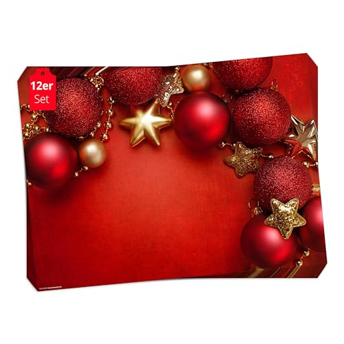 Tischsets - Platzsets Weihnachten Rote und goldene Christbaumkugeln - 12 Stück 44 x 32 cm in Aufbewahrungsmappe - Die besondere Tischdekoration für Weihnachten und Jede Weihnachtsfeier